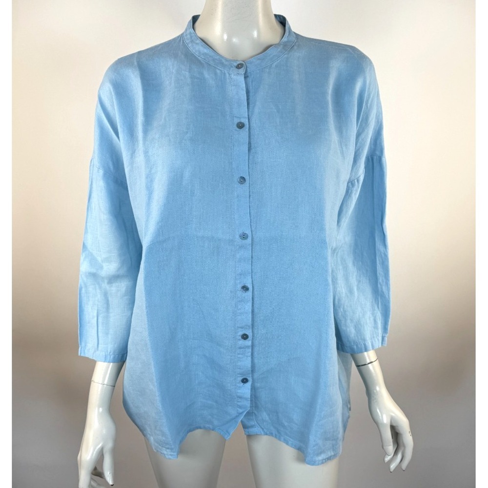 Eileen Fisher Organic Linen Shirt Women L EUC 3/4 Sleeve Button-up Lightweight